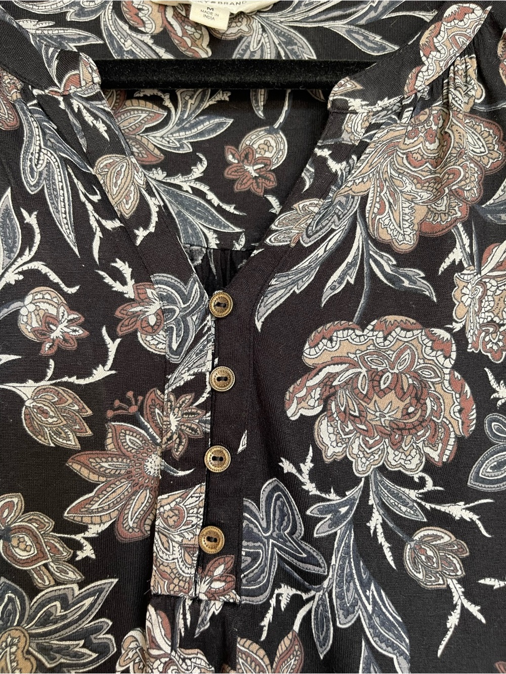 Lucky Brand Floral Paisley Border Print Henley Boho Blouse M - Picture 3 of 4